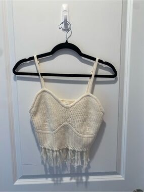 Wild Fable Cream Knit Fringe Crop Top Boho Bralette Tank Size M NWT